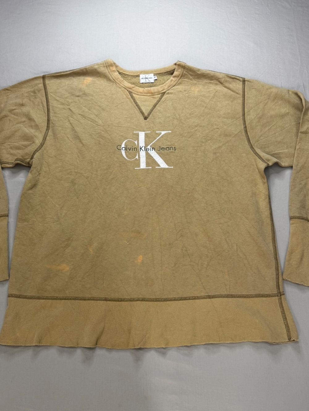 Vintage Y2K Calvin Klein Jeans CK Logo Sweatshirt Brown Distressed Raw Hem S